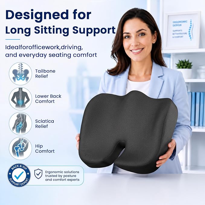 CJACSOC Seat Cushion, Extra Large Memory Foam Cushion for Office Chair Cushions, Ergonomic Cushions Pad Pillow for Pressure Relief Sciatica & Pain Relief for Long Sitting
