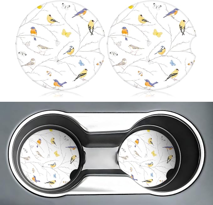 Bird Butterfly Car Coasters for Cup Holders,2 Pack Car Cup Holder Coasters for Car,Ceramic Absorbent Car Coaster with A Finger Notch and Cork Base,Car Interior Accessories for Women Men