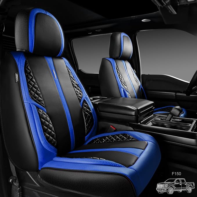 CAR PASS Nappa PU Leather Car Seat Covers Full Set Waterproof Protector Durable Cushioned,Universal Fit for Sedan SUV Pick-up Truck,Automotive, Anti-Slip and Backseat Luxury Premium(Black and Blue)