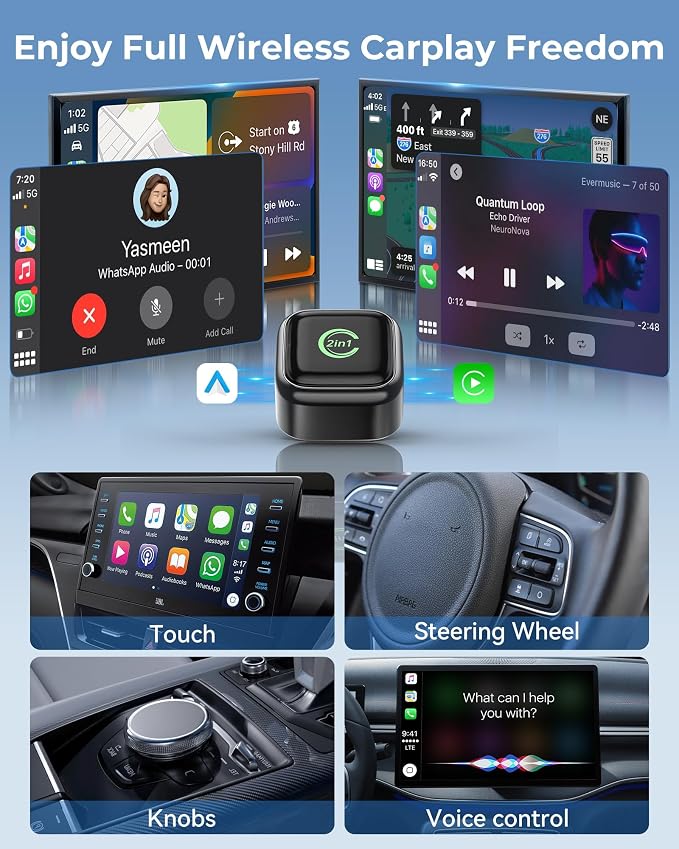 KUKIHO 2-in-1 Wireless CarPlay & Android Auto Adapter – Instant Auto-Connect, Low Latency, USB-C & USB-A Compatible for Factory Wired CarPlay Vehicles