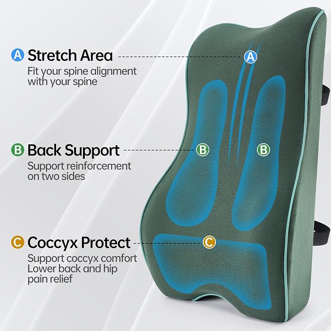 Soft Comfortable Memory Lumbar Support Pillow Back Cushion for Office Chair | Built-In Adjustable Straps Secure Reduce Back Soreness Pressure Distribution Breathable Premium Fabric Long-lasting Support
