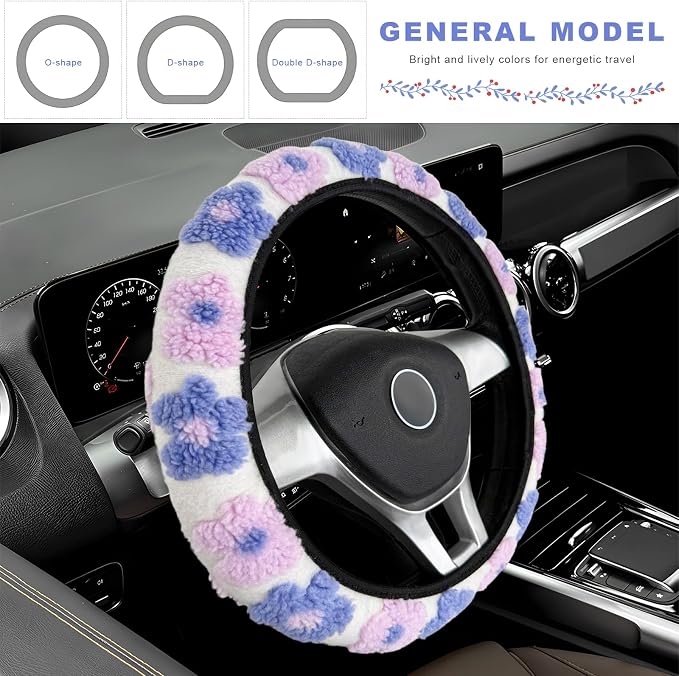 Plush Flowers Steering Wheel Cover, 15 inch Anti-Slip Breathable Steering Wheel Protector Cute Floral Decor, Elastic Soft Wheel Cover Universal Fit for Most Vehicles (Light Purple)