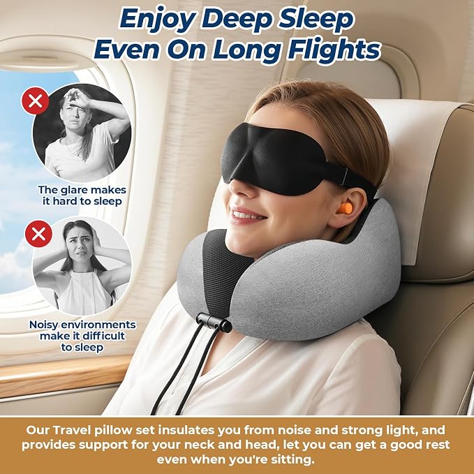 ExploreBliss Travel Pillow, Travel Pillows for Sleeping Airplane, Neck Pillow Airplane, Memory Foam Neck Pillow Set with Eye Mask, Earplugs and Storage Bag -Light Grey