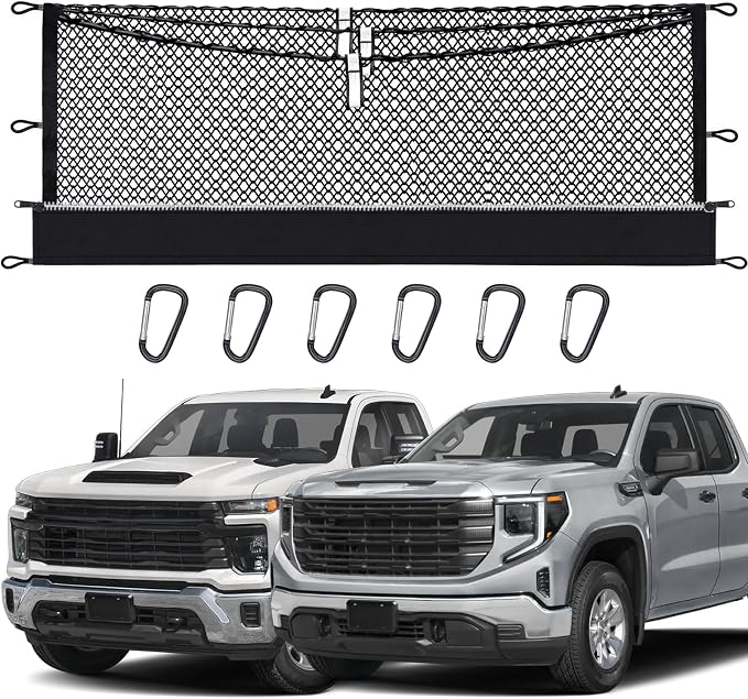 3-Layer Cargo Net for Chevrolet Silverado, GMC Sierra 1500/2500HD/3500HD 2019-2026, Truck Bed Net Organizer with Zipper Bag, Heavy Duty Oxford Storage Net for Groceries with Carabiners