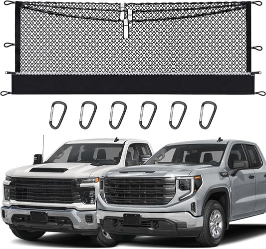 3-Layer Cargo Net for Chevrolet Silverado, GMC Sierra 1500/2500HD/3500HD 2019-2026, Truck Bed Net Organizer with Zipper Bag, Heavy Duty Oxford Storage Net for Groceries with Carabiners