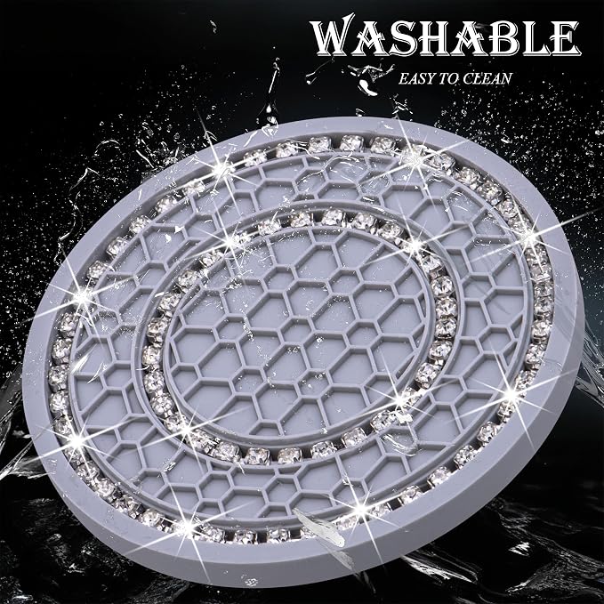 4PCS Bling Crystal Rhinestone Cup Holder Coaster, 2.75 inch Soft Silicone Anti-Slip Shockproof, Car Cup Holder Insert Coasters, Universal Car Interior Accessories for Women (Gray & White)