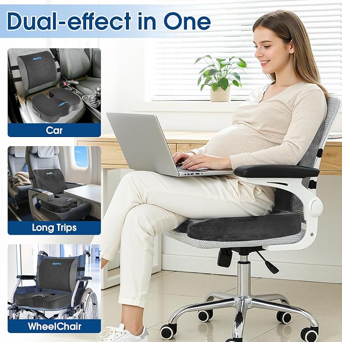 CloudBliss Lumbar Support Pillow & Seat Cushion Set for Office Chair, Desk Chair, Wheelchair & Car–Memory Foam Back Support, Ergonomic Chair Cushions,Sciatica Pain Relief,Home Essentials(Grey,XL)