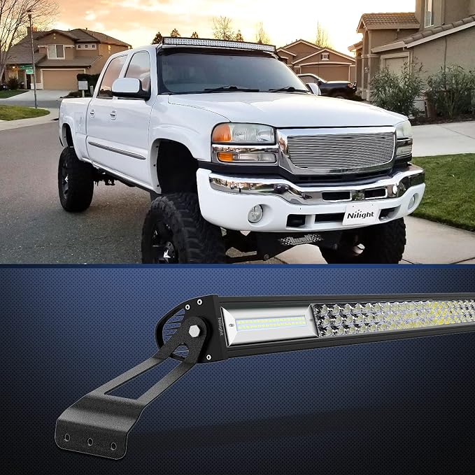 Nilight 2PCS 50” Curved LED Light Bar Bracket at Upper Windshield Roof Cab for 07-13 Chevy Silverado Suburban Avalanche Tahoe & GMC Yukon Sierra, 2 Years Warranty