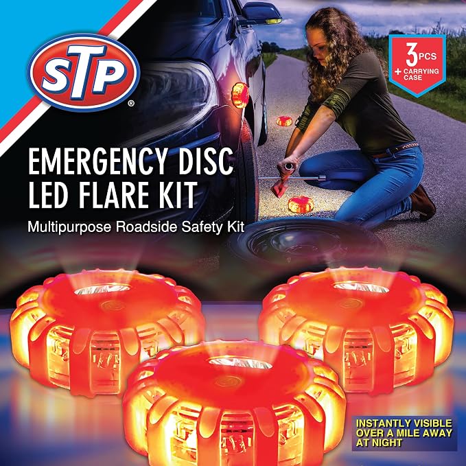 STP Emergency Auto LED Road Flare Discs, 8 Flash Modes/2 Mounting Options, 1 Mile Signal Viability, Includes Carrying Bag, Battery-Powered: Requires 3 AAAS, 3-Pack
