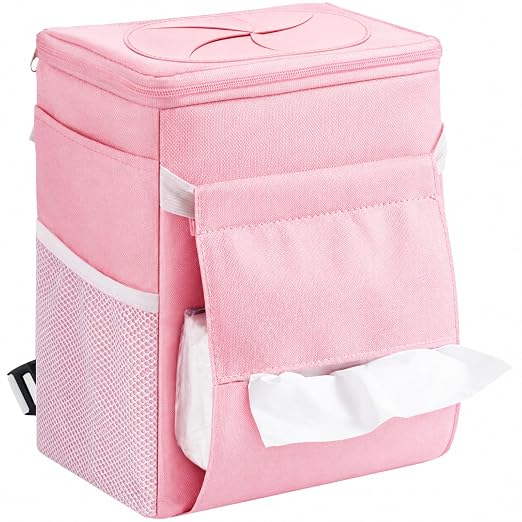 Lifewit Car Trash Bin, 2 Gallon Leakproof Waterproof Vehicle Garbage Can with Lid & Tissue Holder, Car Interior Organizer for Front/Back/Console, Automotive Accessory, Pink