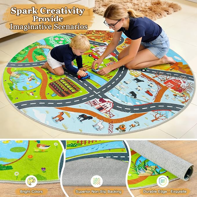 Kids Car Rug Play Mat for Toy Cars, Round 47" Town Country Barn Track Four Seasons Farm Traffic Carpet, Non-Slip Washable Area Rug for Kids Room Bedroom Play Area, Fun Learning Rugs for Children