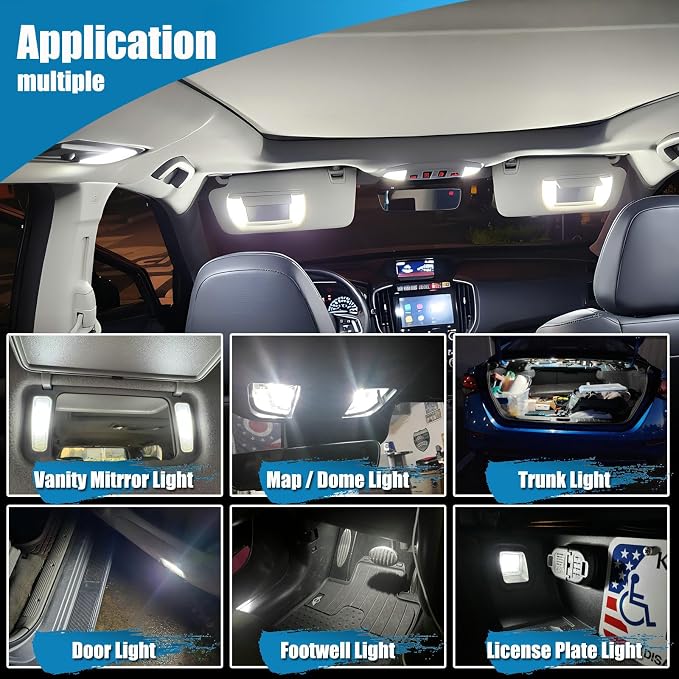 44-Pack Car Truck Vehicle LED Interior Light Map Dome Bulb Kit | 12V White DE3175 6418 6411 T10 194 BA9S 64111 T5 74 6615F 28mm 31mm 36mm 41mm Vanity Mirror Footwell Cargo License Plate Bulb