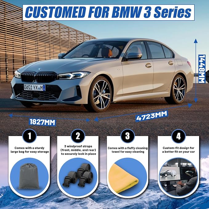 Car Cover Custom Fit for BMW 3 Series 320i 325i 328i 330i 335i (2013-2026) | Waterproof All Weather for Automobiles Full Exterior Cover Rain Sun Snow UV Protector.