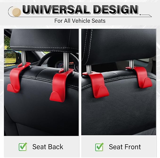 SINGARO 4 Pack Car Seat Headrest Hooks, Vehicle Back Seat Hanger Storage Organizer for Purse Handbag Backpack Coat Grocery, 360° Rotating Heavy Duty Holds 44lbs, Red