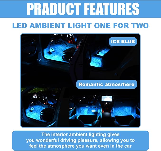 Car LED Strip Light, 48 LED 12V USB Port, Ice Blue | RGB Neon Auto Interior Atmosphere Lights, Under Dash Ambient Night Light, Universal Decorative Lamp Accessory for Car Truck
