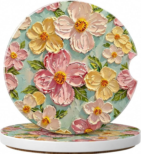 2Pack Car Cup Holder Coasters Absorbent Ceramic Coaster 2.56" for Women & Men Auto Flower Cute Car Accessories