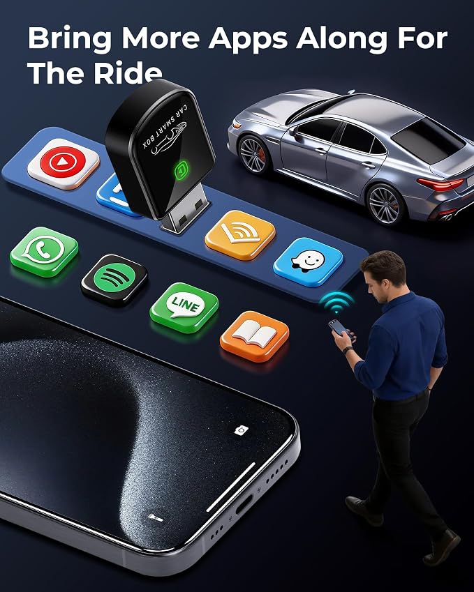 Wireless Carplay Adapter for iPhone Latest Upgrade, Tiny Bluetooth Receiver Convert Wired to Wireless for Apple Car Play Plug & Play, Zero-Lag Media GPS Works with 2016+ Cars (Ebony Black)