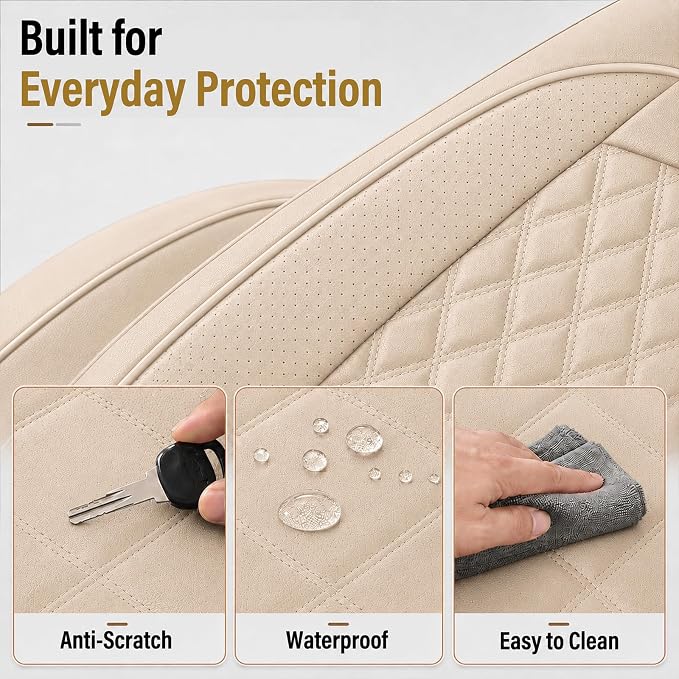 HChengkikz Car Seat Cover, Waterproof Nappa Leather (Beige) | Breathable, Airbag compatible, Easy to Install, Universal Fit for Most Cars, Sedans, SUVs, Vans, Trucks