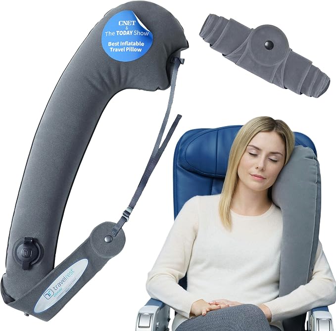 travelrest Ultimate Inflatable Neck Support & Body Pillow - Airplane Pillow for Long Flight Comfort, Travel Essentials, Sleeping Accessories, Headrest Support Seat for Car (Grey)