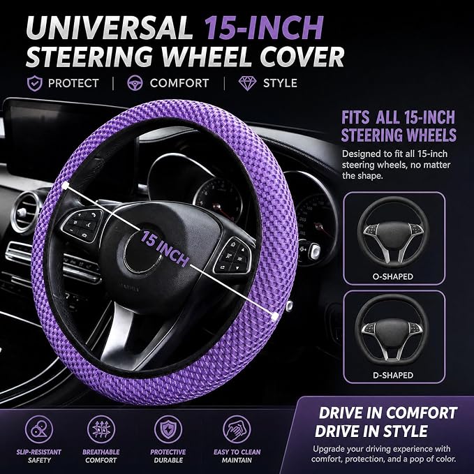 Mesh Ice Silk Cooling Car Steering Wheel Cover for Men Women,Summer Universal Breathable Stretch Anti-Slip Wheel Cover 14.5-15" for Cars, Trucks, Pickups, SUVs (Light Purple)