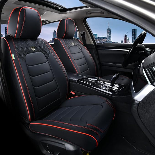 FLORICH Car Seat Covers, Leather Seat Covers, Front Seat Covers 2PCS,Waterproof Car Seat Protector, Auto Driver Seat Covers Accessories Fit for Most SUV Trucks(Black&Red line, Front Pair)
