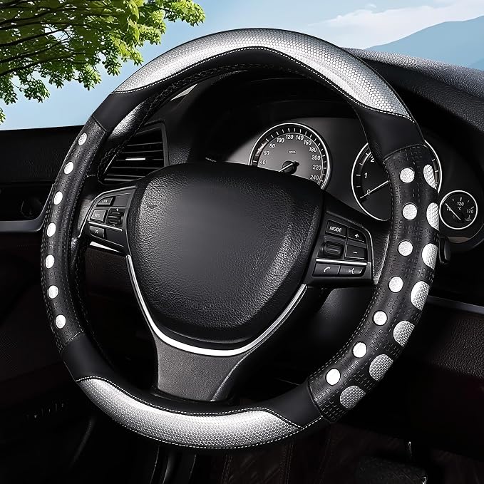 Hiseanllo Car Steering Wheel Cover, 14.5-15 Inch Universal Fit, Sporty Anti-Slip Leather Steering Wheel Protector with Glossy Color Accent, Comfortable Grip for Cars, SUVs, Trucks(Silver)