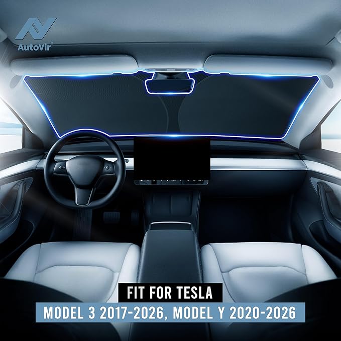 Autovir Windshield Sun Shade, 2017-2026 Tesla Model 3 & Y, 280T Visor Shade