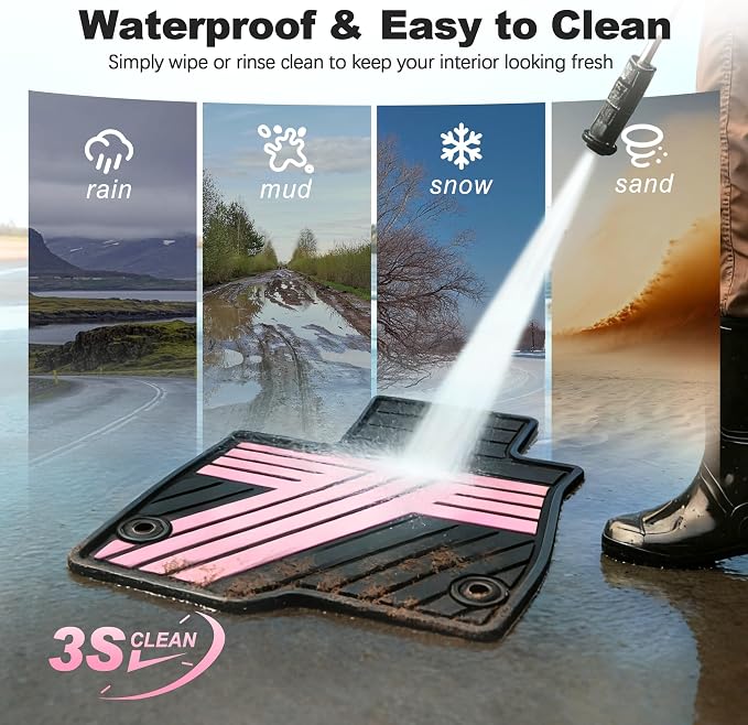 Rubber Floor Mats for Honda CR-V 2026 2025 2024 2023 (Gasoline & Hybrid) | All Weather Custom Fit Heavy Duty Car Mats for CRV, 1st & 2nd Row, Black & Pink