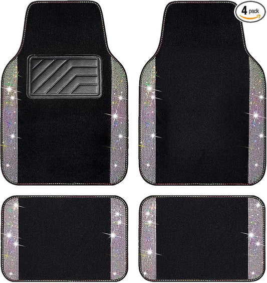 CAR PASS Iridescent Bling Rhinestones Diamond Car Floor Mats Waterproof, Anti-Slip PVC Heel Pad, Universal for Automotive SUV,Sedan,Van,4pcs Girl Women Lady Sparkly Shining Multicolor Colorful Crystal