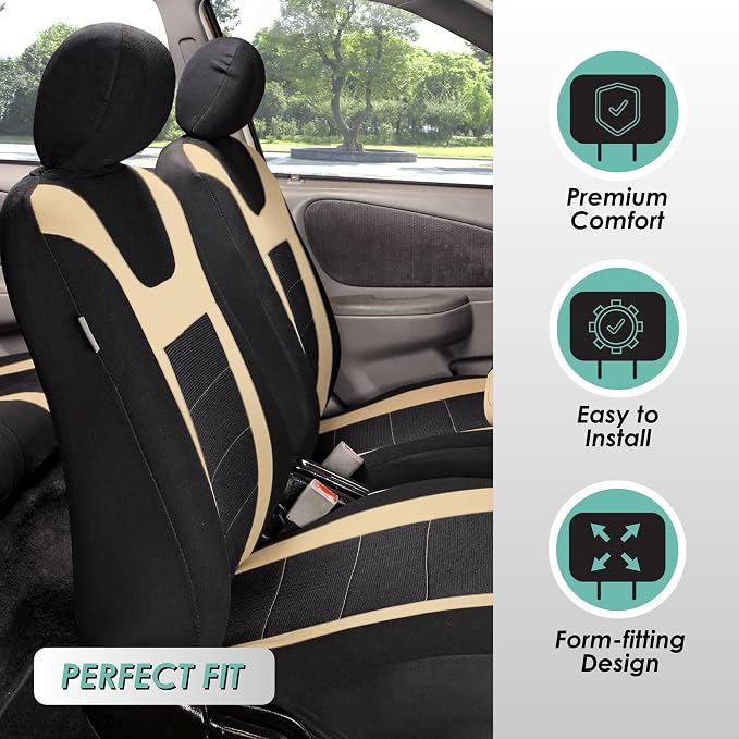 FH Group Car Seat Covers Sports Seat Covers Front Seats Only, Airbag Compatible Beige Black Automotive Seat Cover Combo Small Car Seat Cover Design Universal Fit Interior Accessories Cars Trucks SUVs