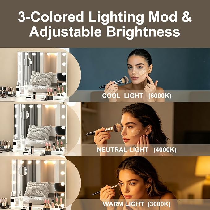 Lighted Vanity Mirror with Lights — 15 LED Bulbs 3 Color Modes Touch Control Makeup Mirror with Detachable 10X Magnifying Mirror, Tabletop & Wall Mount for Bedroom Dressing Table