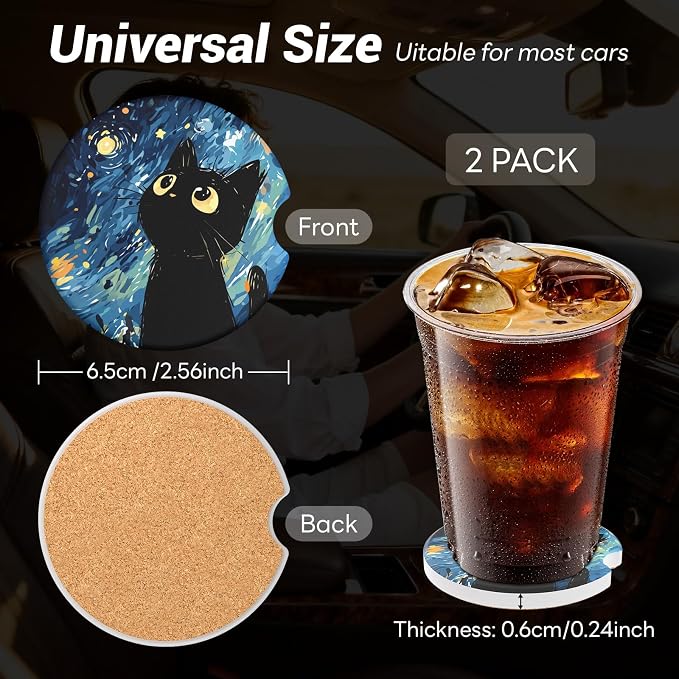 Car Cup Holder Ceramic Coasters 2 Pack, 2.56 in Anti Slip Absorbent Coaster with Cork Base and Finger Notch, Funny Cute Car Accessories Interior for Women, Black Cat