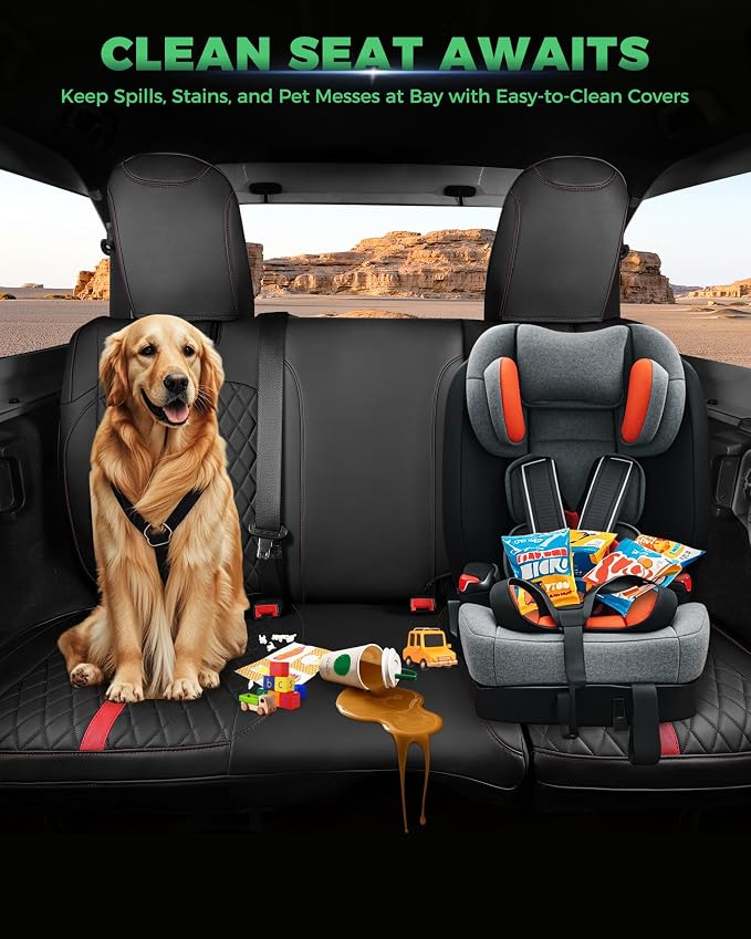 for Jeep Wrangler Seat Covers 4Door JK 2013 2014 2015 2016 2017, Custom Car Seat Cover Full Set, Luxury Leather Seat Protectors, Waterproof SUV Interior Cushions Accessories, Black Red Trim