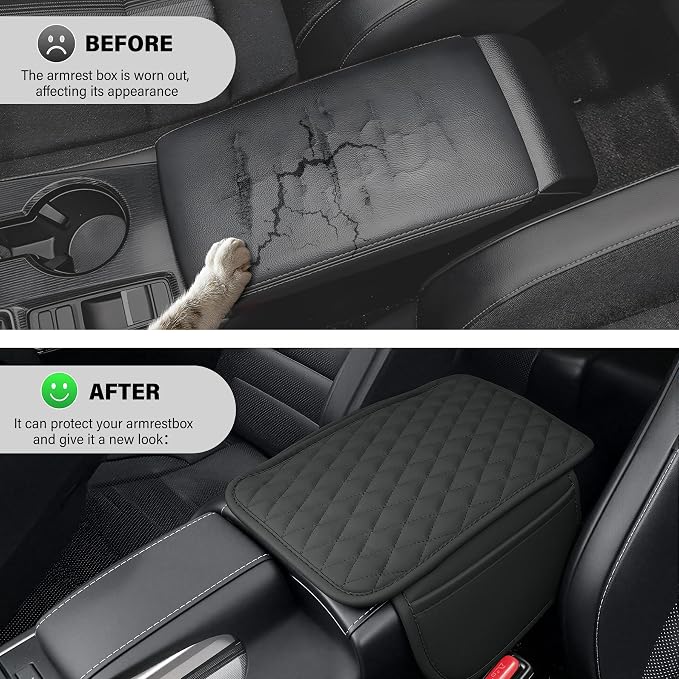 Amiss Car Center Console Cover, Upgraded Leather Car Armrest Cushion with 2 Storage Pockets, Universal Waterproof Cushion Pad, Non-Slip Car Interior Accessories, Fits Most Sedans SUVs Trucks (Gray)