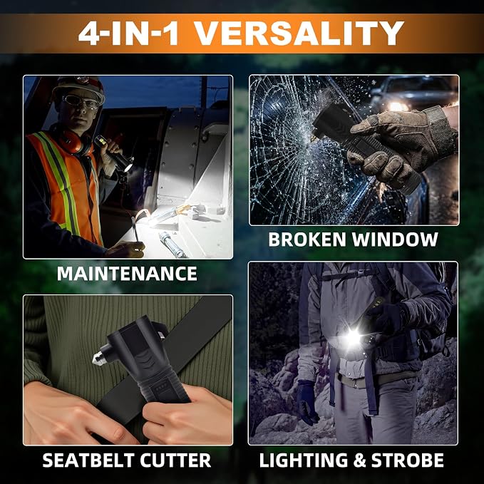 Black Emergency Car Flashlight - 2000 Lumen Dual Light 4-Level Battery Indicator Window Breaker & Seatbelt Cutter USB Rechargeable Ultra-Light 108g Car Emergency Tool