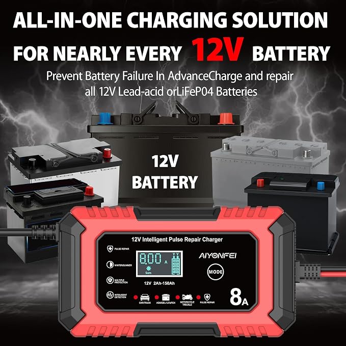 12V Battery Charger 8-Amp Smart Trickle Charger, Red | Battery Maintainer and Desulfator, Temperature Compensation, for Car, Truck, SUV, Motorcycle, Boat, Lead Acid, LiFePO4 ﻿