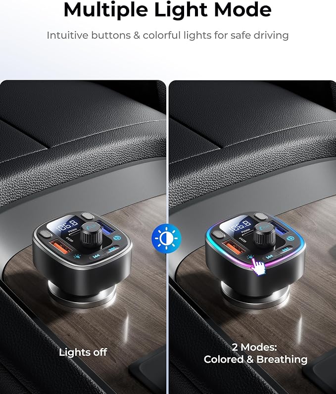 LENCENT Bluetooth 5.4 Car Adapter FM Transmitter 54W Fast Charging | Dual Mics, HiFi Bass Sound, 2 Modes LED Backlit, Cigarette Lighter Adapter Hands-Free Calling Radio, Support USB Drive