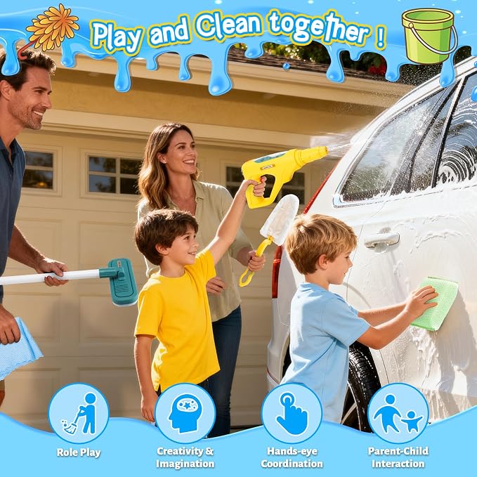 deAO Kids Car Wash Toy Cleaning Set with Brush Spray Bottle Ages 3+ | 13Pcs Cleaning Toy Set with Bucket,Caution Sign,Christmas Birthday Gift,for Girls Boys