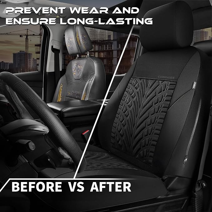 CAR PASS Neoprene Waterproof Seat Covers Full Sets, Wetsuit Car Seat Covers 5 Seats Universal Fit for Vans, Truck, SUV, 3D Tyre Embossed Seat Covers Anti Slip with Armrests, Aibag Compatible(Black)
