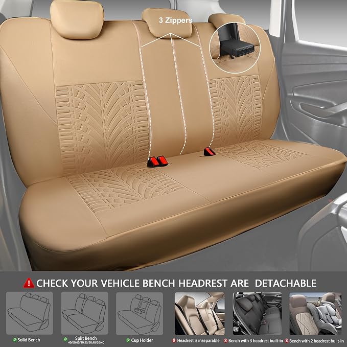 CAR PASS Car Seat Covers Full Sets, Front & Split Rear Bench for Car, 3D Tyre Embossed Automotive Interior Covers, Airbag Compatible, Quick Setup Universal Fit Seat Covers for Car, SUV(All Beige)