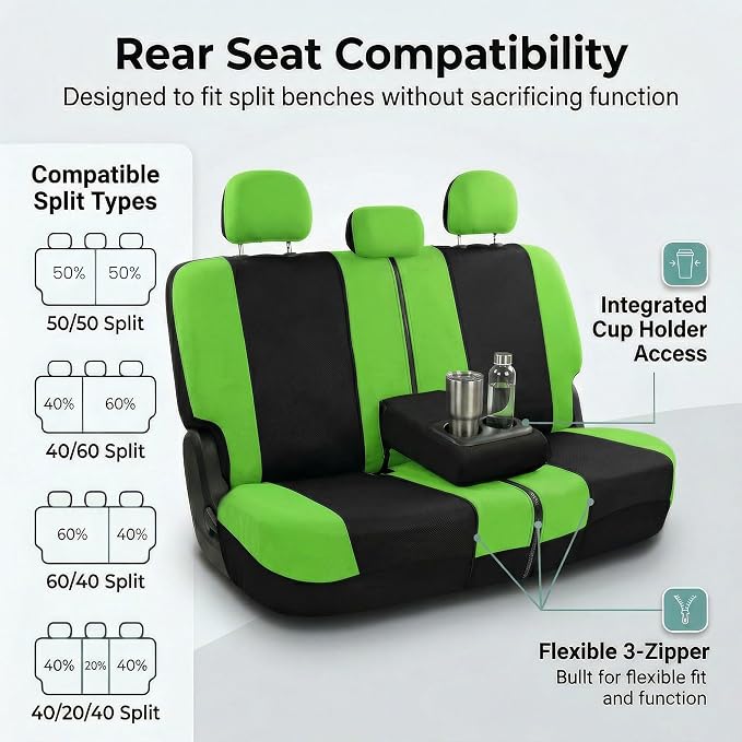 FH Group Universal Automotive Seat Covers 8 Seater Set | Light & Breezy Flat Cloth Washable Car Seat Cover for SUV, Sedan, Truck | Airbag Compatible Interior Upgrade - Green/Black