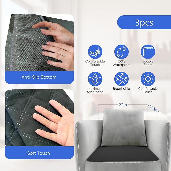 Waterproof Chair Pads for Incontinence Washable Seat Protector Pads for Adults Reusable Seat Pads Incontinence Seat Cover for Bed Wheelchair Ultra Soft 4-Layer 21"X22" 3 Pack Black
