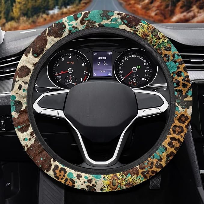 AFPANQZ Universal Steering Wheel Cover with Elastic Edge for Women 14-15 in | Leopard Print Sunflower, Breathable Steering Wheel Protector for Cars Interior Accessories
