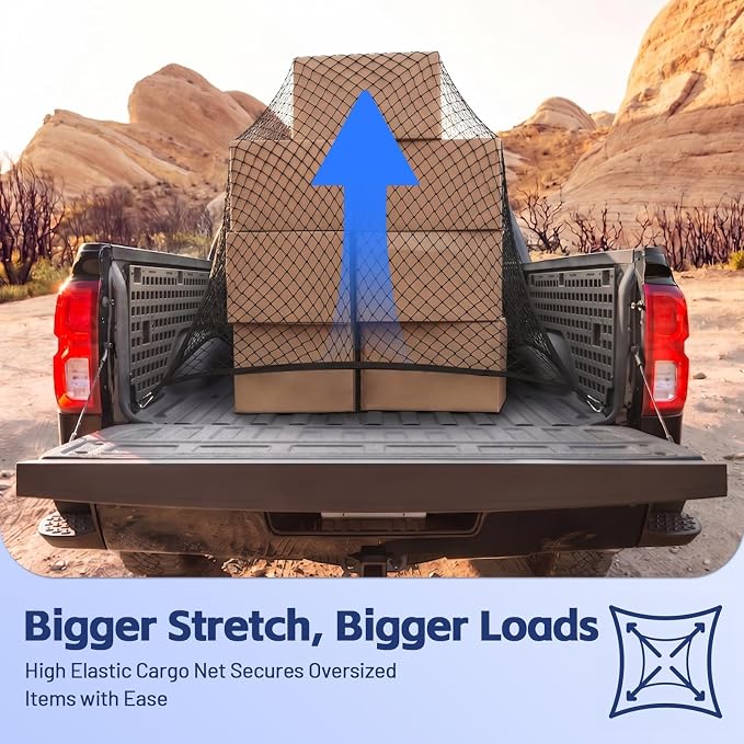 Cargo Net for Ford F150/F250/F350/F450 2015-2026, Nissan Titan 2016-2024 | Heavy Duty Truck Bed Organizer, Highly Elastic Tailgate Net with Carabiners, Weatherproof Mesh Cover with Attached Zipper Bag