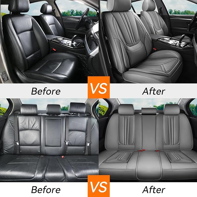 Car Seat Covers Full Set Gray, Premium Leather Car Seat Covers, Waterproof and Breathable Seat Covers, Universal Car Seat Protector Fit for Cars, Trucks, SUVs, Pick-ups
