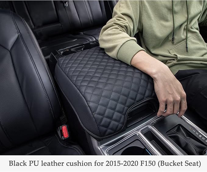 JDMCAR Center Console Cushion Compatible with 2015-2020 Ford F150/2017-2022 F250 F350 F450 and 2018-2024 Expedition Accessories, Customized PU Leather Armrest Cover Protector (Bucket Seat Only)