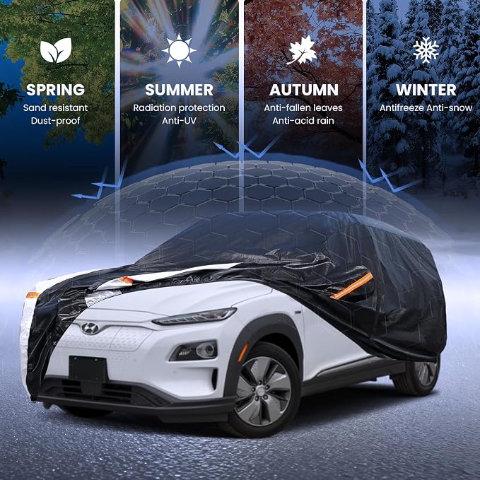 Multi-Layer Car Cover Custom Fit for Hyundai Kona(EV)(2017-2026), 100% Waterproof All Weather for Automobiles, Gift with Towel, Heavy Duty Car Covers for Rain Sun UV Protection with Door Zipper.