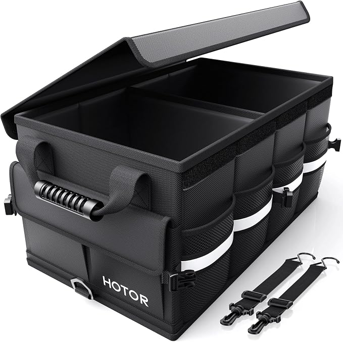HOTOR Car Trunk Organizer - Foldable Trunk Organizer for SUV, Car Storage with Reflective Strips & Securing Cover, Large Capacity Car Accessories for Truck, Van & Sedan, Black, 24.4" x 13.8" x 11.0"