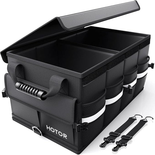 HOTOR Car Trunk Organizer - Foldable Trunk Organizer for SUV, Car Storage with Reflective Strips & Securing Cover, Large Capacity Car Accessories for Truck, Van & Sedan, Black, 24.4" x 13.8" x 11.0"