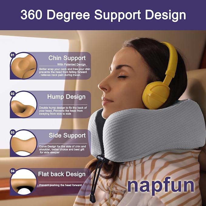 napfun Neck Pillow for Traveling, Upgraded Travel Neck Pillow for Airplane 100% Pure Memory Foam Travel Pillow for Flight Headrest Sleep, Portable Plane Accessories, Mist Gray